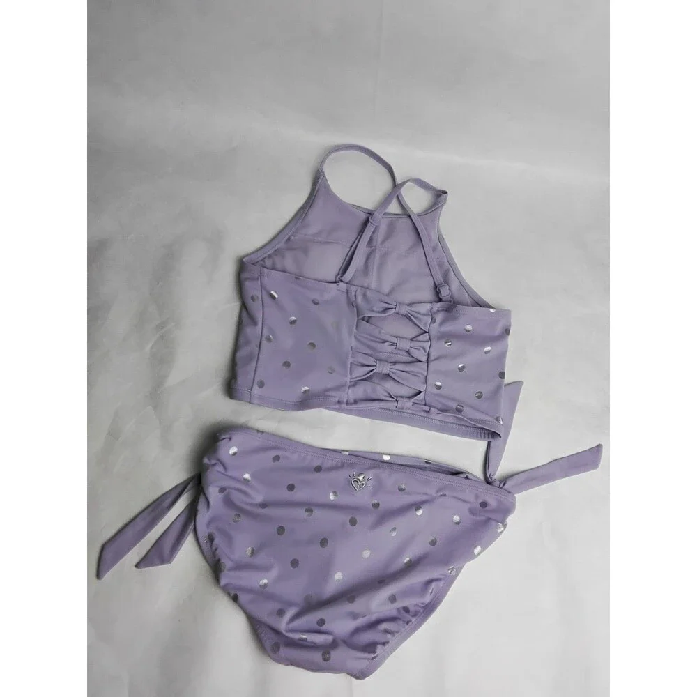 Justice Girls 2 Pc Bikini Swimsuit Soft Lavender Shiny Silver Polka Dots Sz 14